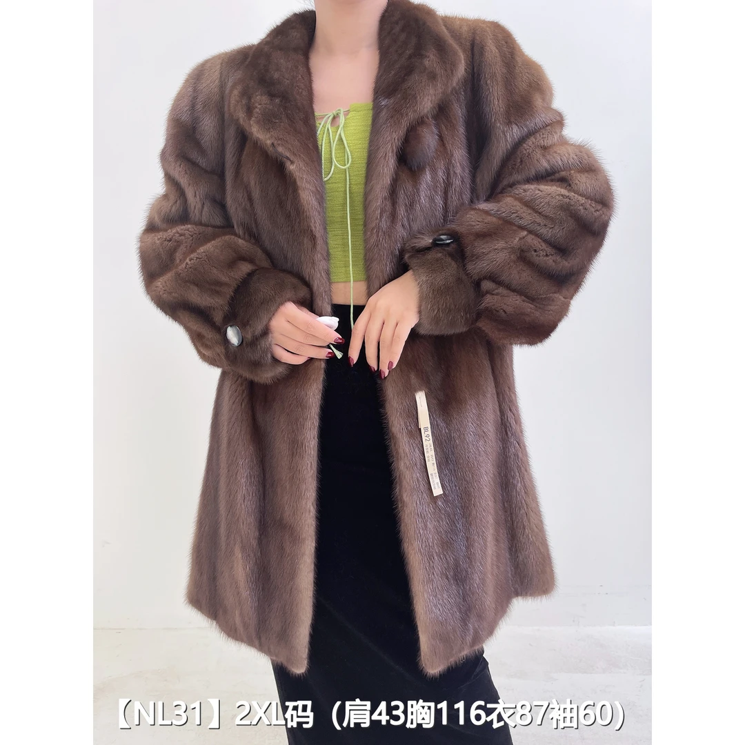 【NL31】2XL 冷茶棕中长款全抽貂皮大衣外套女 翻领泡泡袖 11031