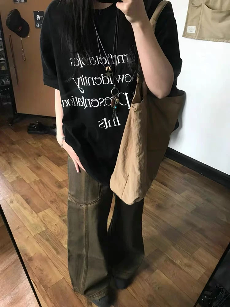 黑色字母纯棉t恤女短袖夏宽松oversize美式复古落肩潮牌情侣上衣