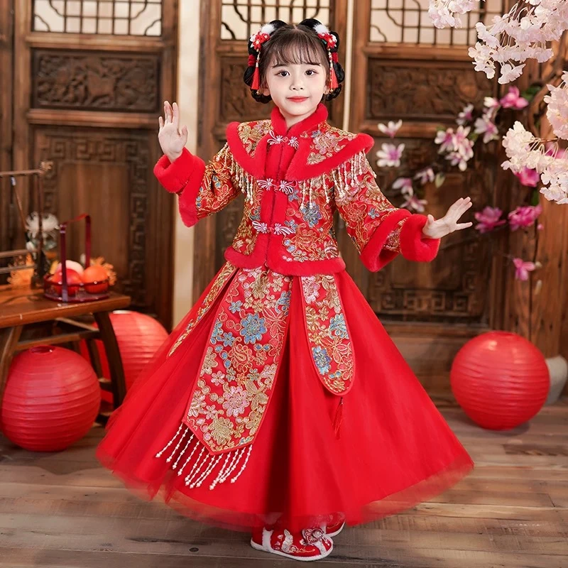女童旗袍加绒古风女宝宝公主裙加厚儿童唐装拜年服套装裙子99156