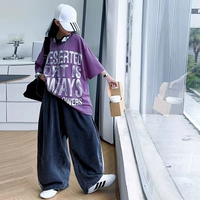 女童夏季新款潮酷街舞风宽松大字母T恤织带哈伦裤两件套