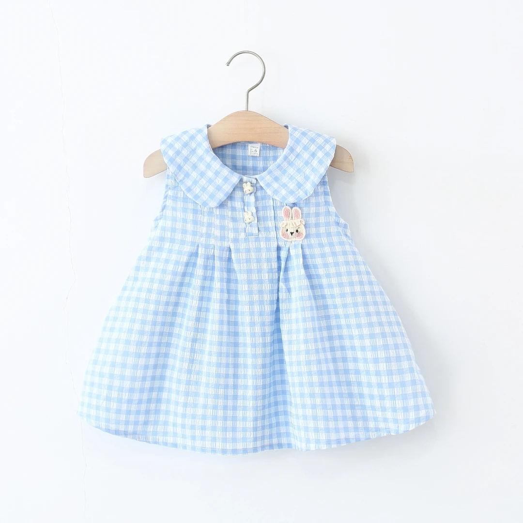 女童无袖连衣裙夏季婴儿童女宝宝格子娃娃领兔耳朵棉布小裙子洋气