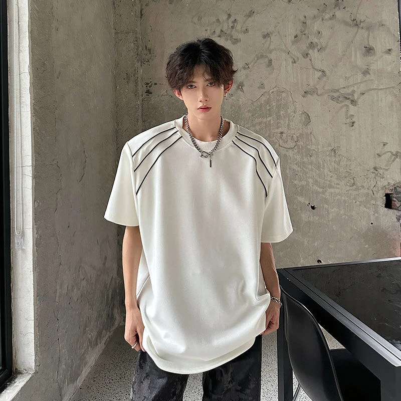 纯棉正肩短袖t恤男款2025夏季美式潮牌重磅设计感小领口半袖上衣