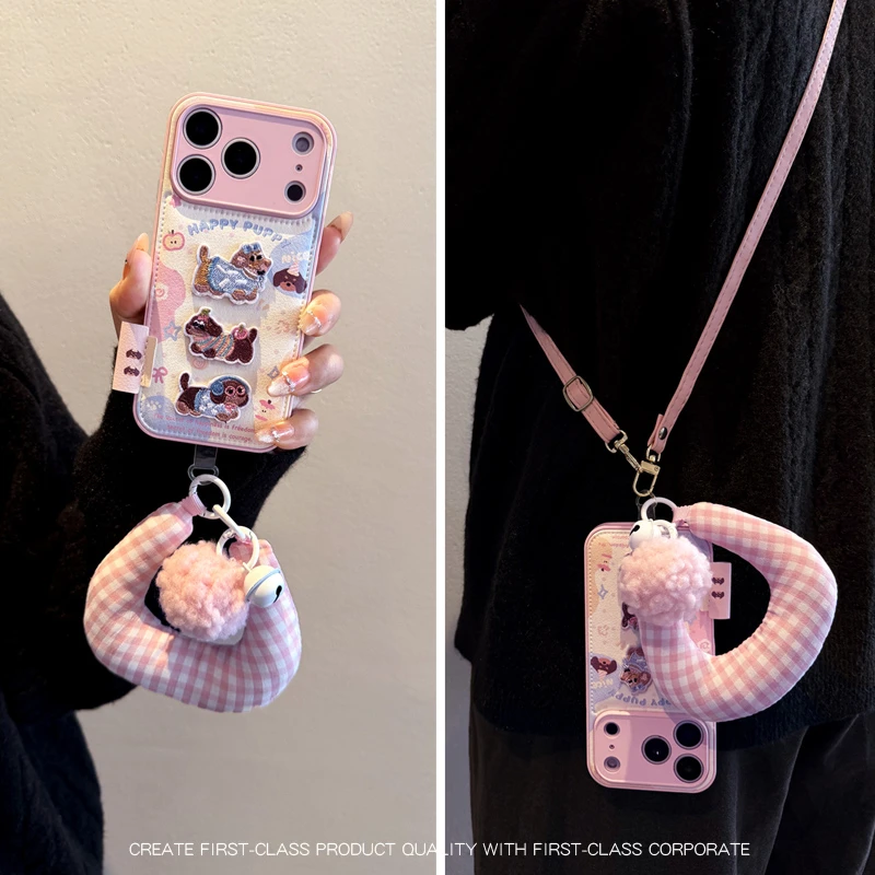 粉色鼓包刺绣小狗适用苹果17promax手机壳iphone16pro女15保护套