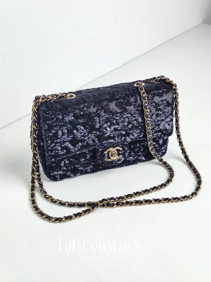 99新 Chanel/香奈儿 黑金亮片CF大mini链条包 16404406 二店