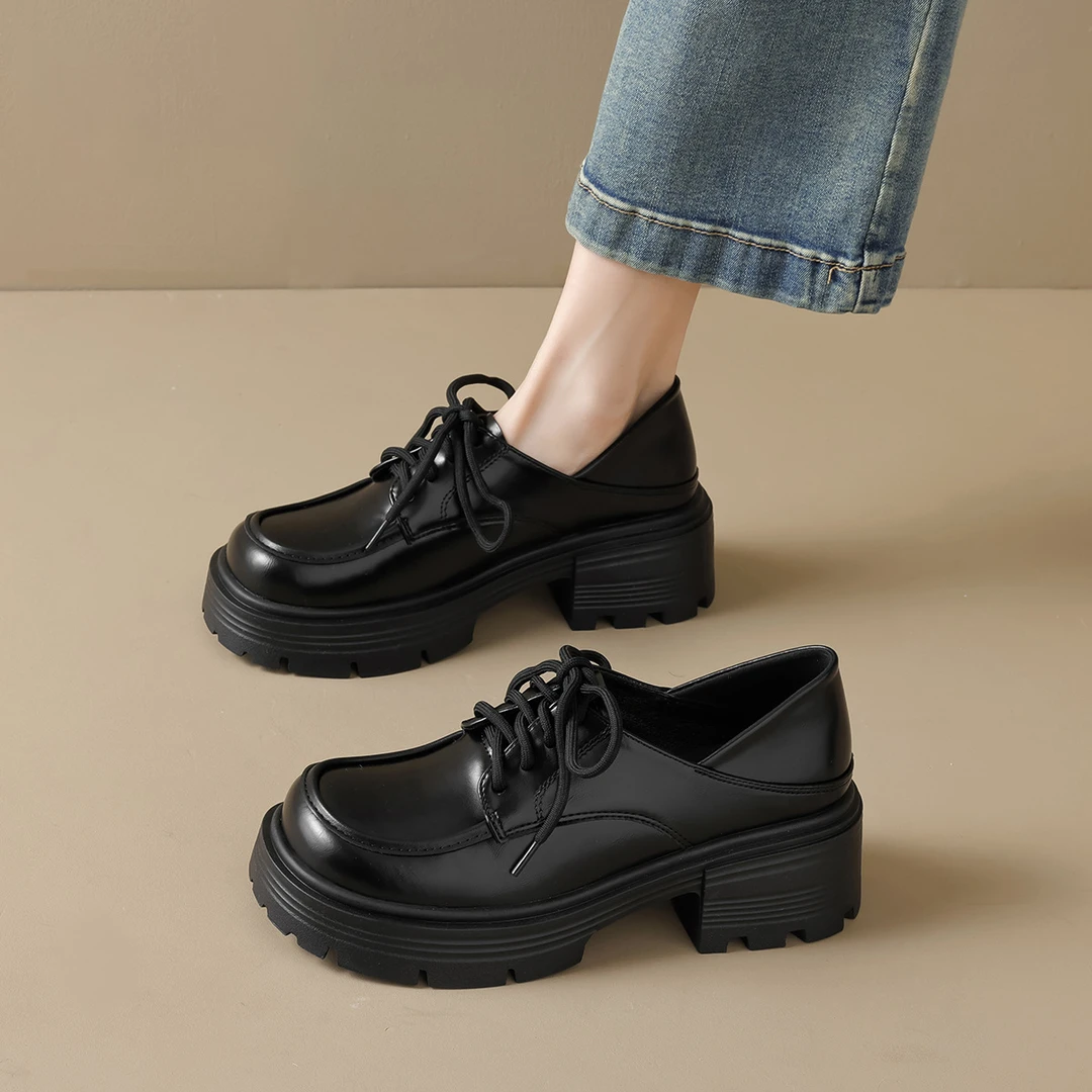 厚底乐福鞋女2025春季新款百搭系带一脚蹬两穿单鞋黑色复古小皮鞋