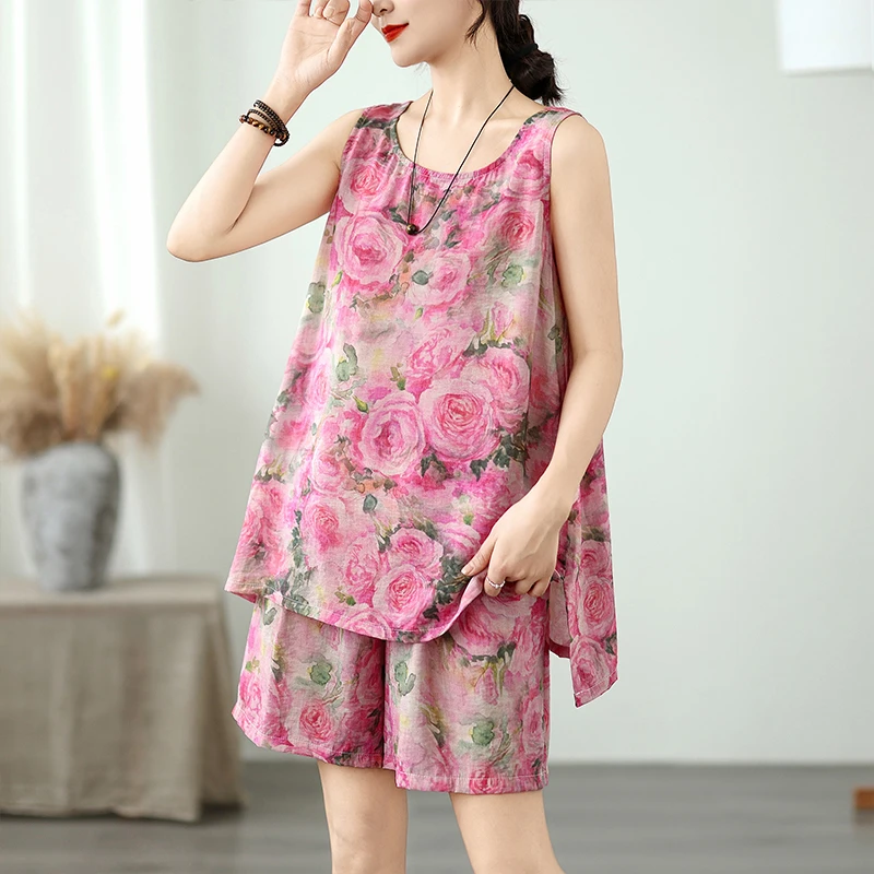 复古花色天丝麻印花套装女夏宽松显瘦无袖背心清凉透气短裤两件套