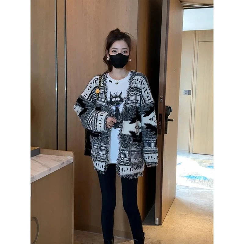 慵懒风流苏毛边宽松毛衣开衫外套女2025秋冬新款休闲显瘦女装上衣