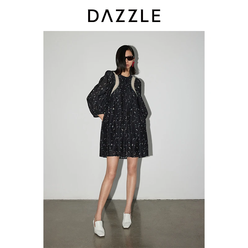 DAZZLE地素 连衣裙24春新款女装满印印花泡泡袖宽松短裙2I1O615