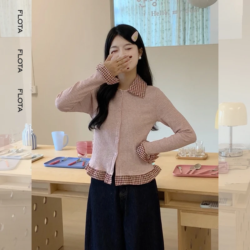 【flota】MIU系风格纹拼接长袖针织创意假两件显瘦直筒上衣2217