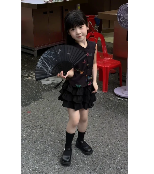新中式童装2025夏季新彩色蝴蝶提花国风唐装马甲女童黑色蛋糕裙