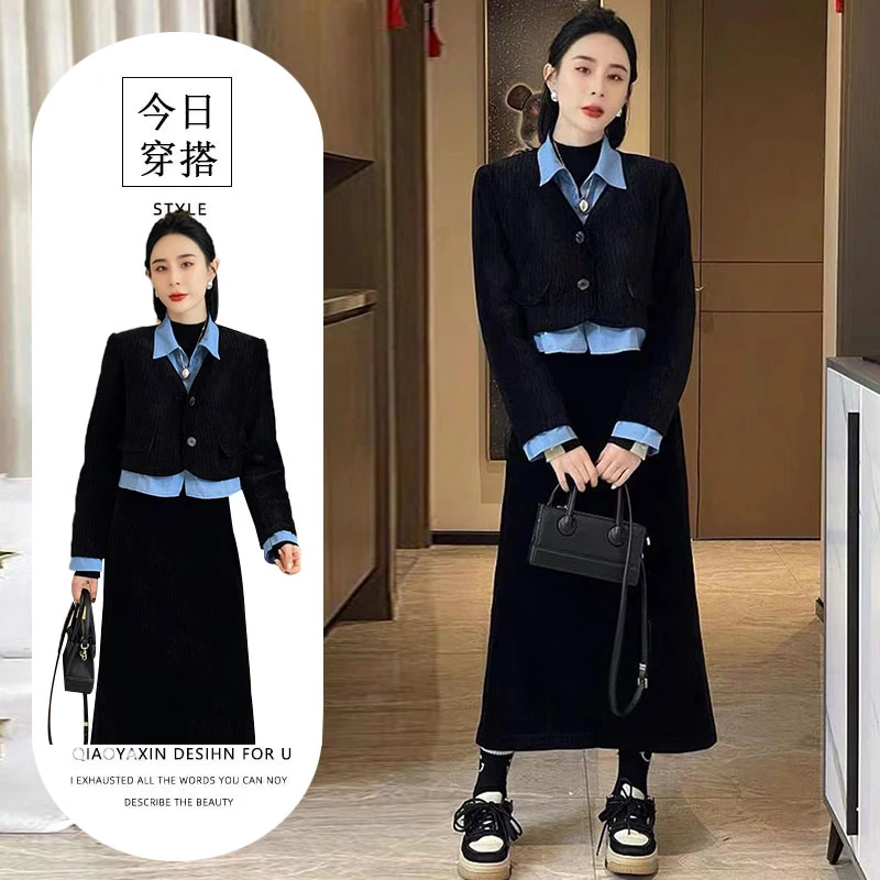 成套搭配减龄套装女秋装假两件衬衫外套半身裙盐系轻熟休闲两件套