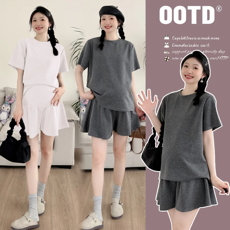 Y3545#3.20孕妇夏装套装烫钻短袖短裙两件套