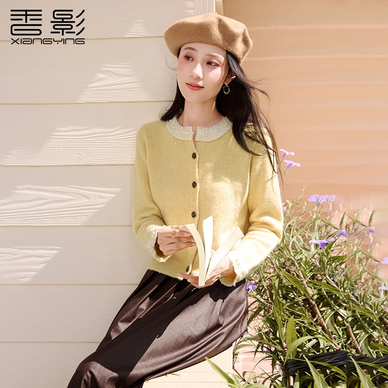 M85W879毛针织衫 香影小香风圆领针织开衫女冬季新款钉珠花边上衣