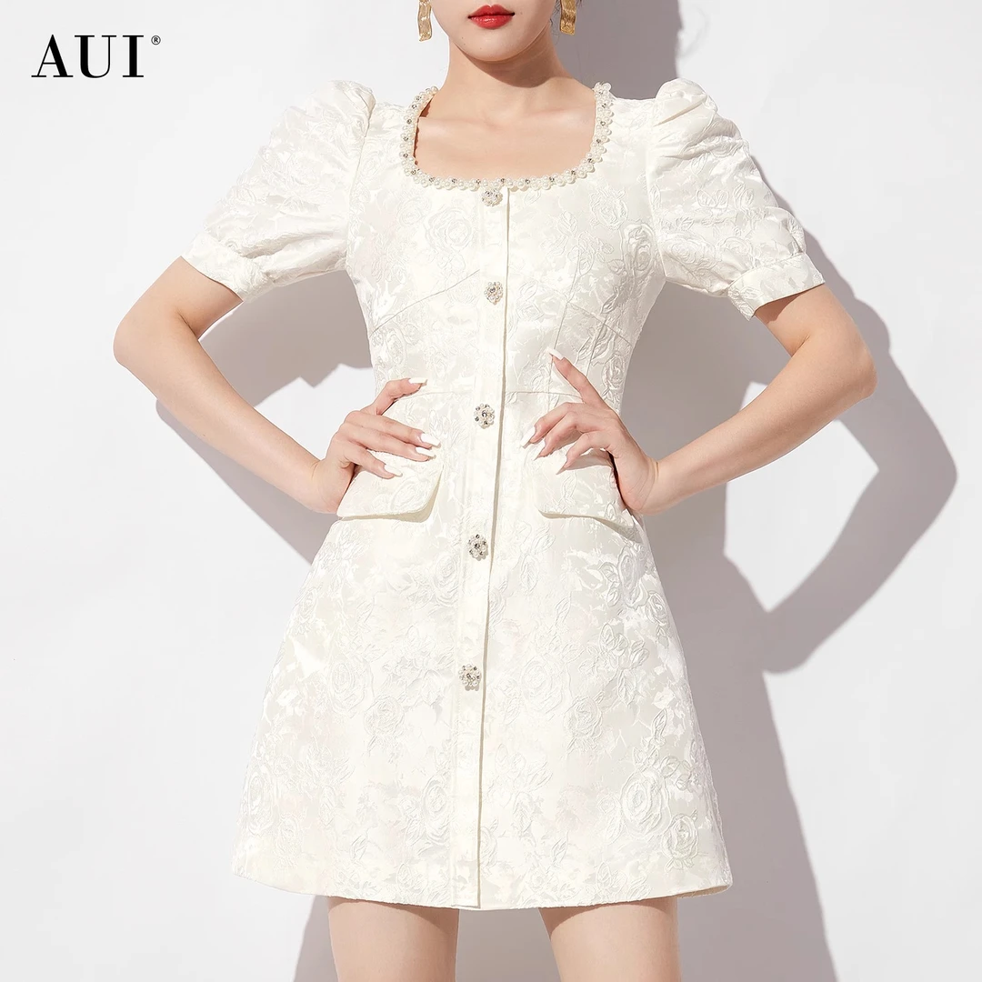 【AUI】AUI杏色名媛小香风连衣裙泡泡袖中长裙LD-24W014218