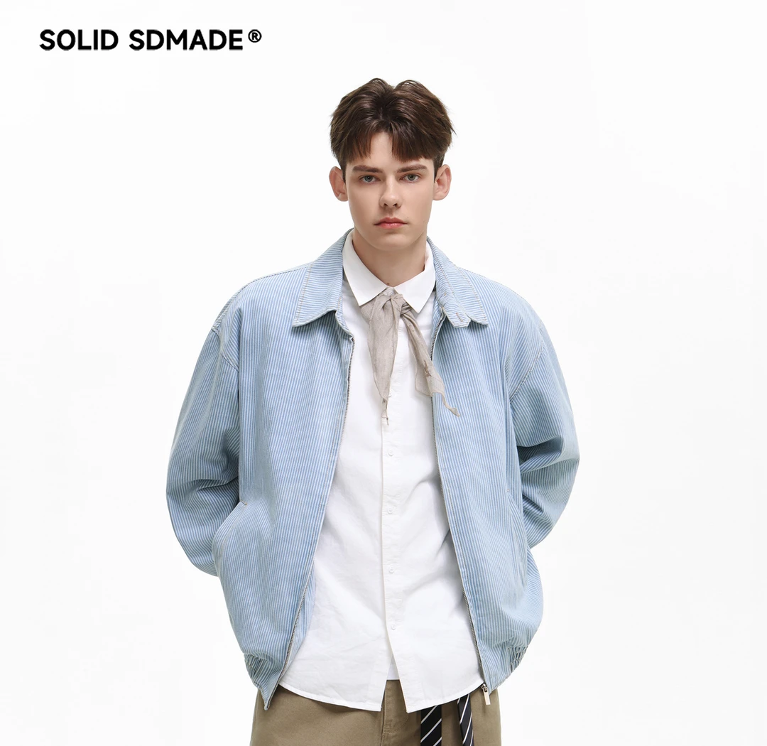 SOLID SDMADE 美式复古牛仔蓝条纹翻领夹克男秋季极简风休闲外套