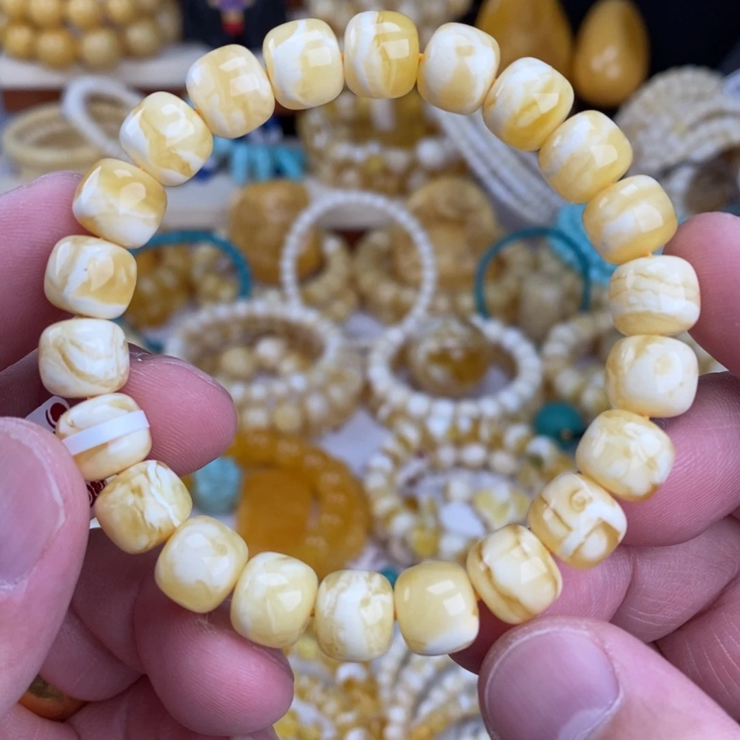 蜜蜡未镶嵌手链瓷白细纹虎皮纹10mm