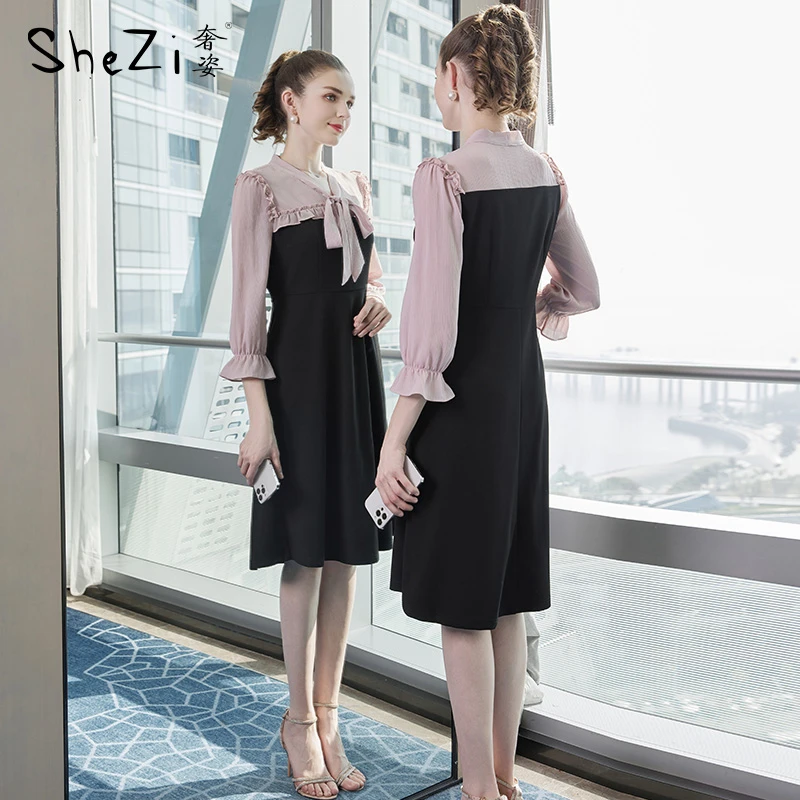 【赴会花约】2025年秋季新款大码女装V领绑带裙子胖妹妹拼接连衣裙