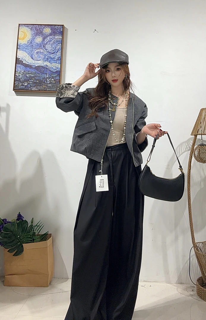 155区228660灰色韩系印花拼接毛呢小个子高级感宽松外套