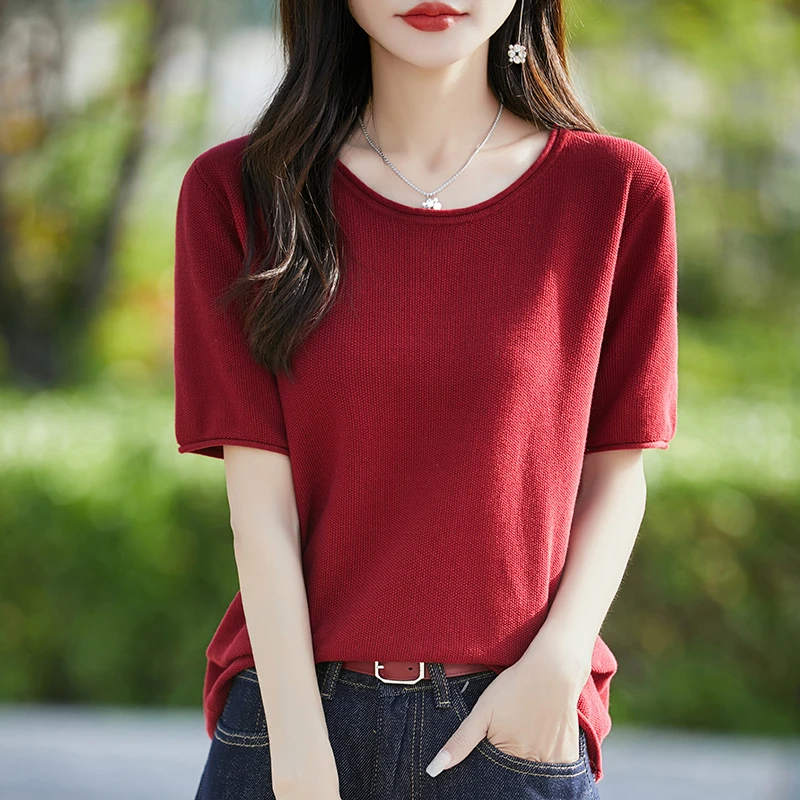 品牌夏季新款时尚圆领女短袖纯棉Tt恤宽松针织衫透气显瘦百搭上衣