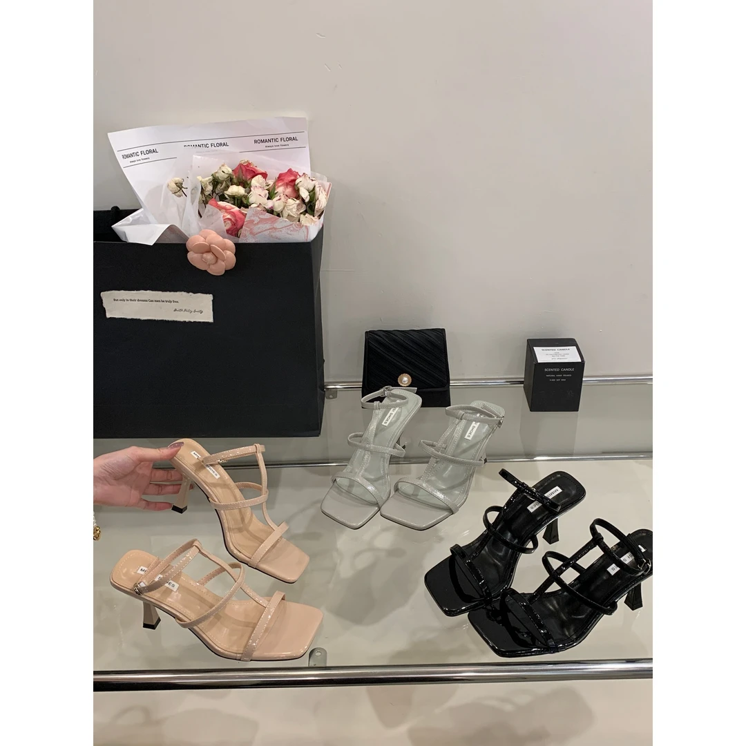 高跟鞋细跟方头法式罗马凉鞋女鞋2025夏季新款配裙子银色凉拖鞋子