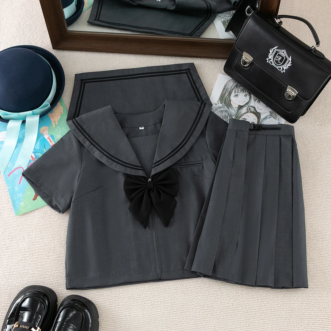 萌萌纪正统原创jk制服灰色二水手服女短袖学院风基础款领结百身裙
