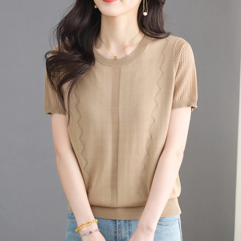 【天丝】夏季女士新款圆领薄款洋气减龄上衣宽松短袖时尚针织T恤衫