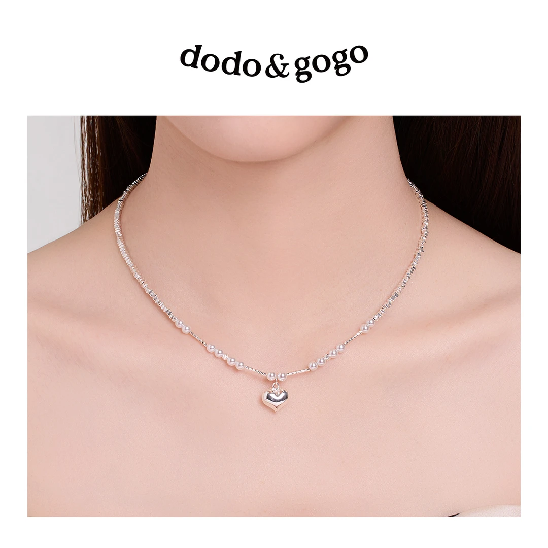 DODOGOGO 合金仿珍珠项链 立体爱心方糖项链时尚气质百搭锁骨链女