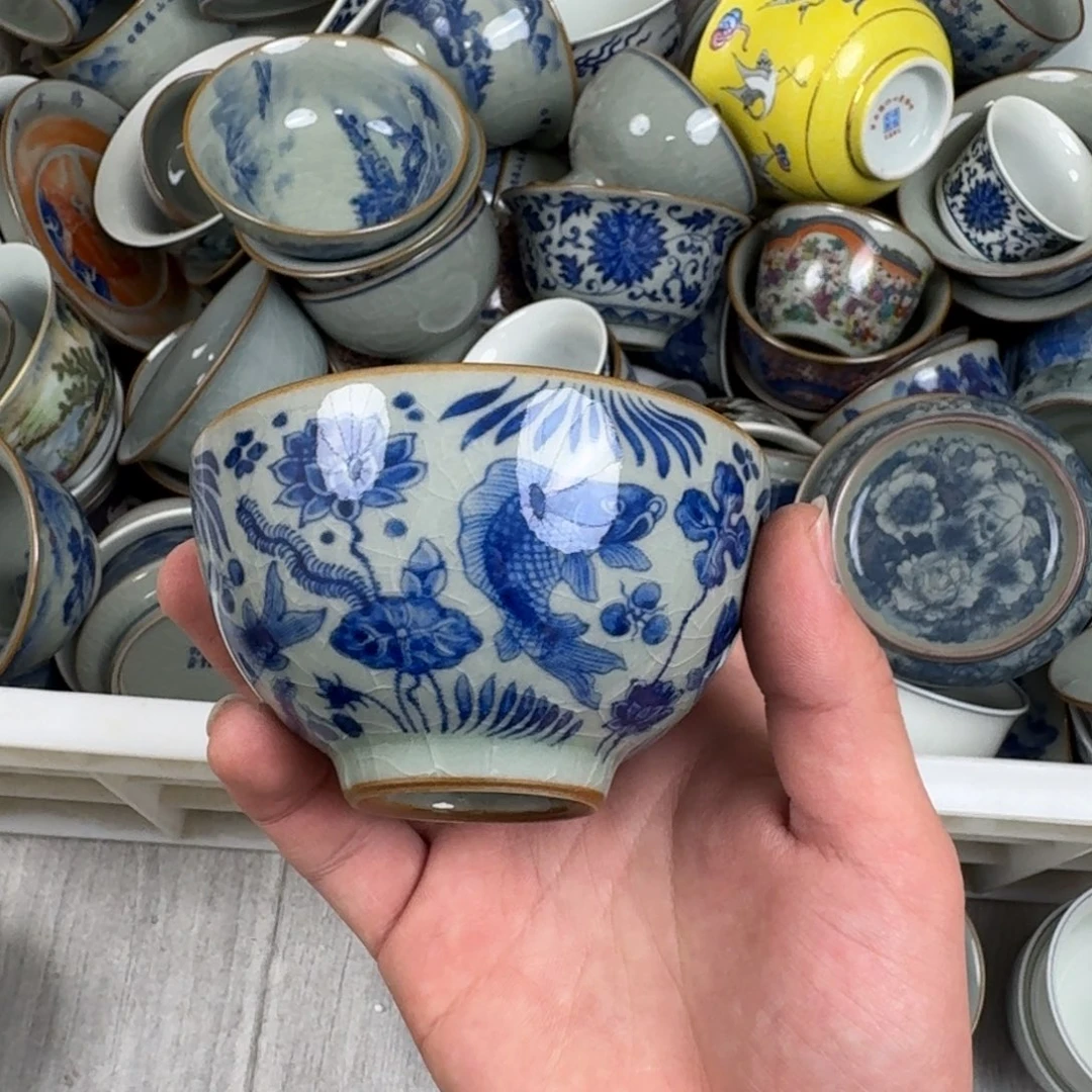 鱼藻纹鸡心杯老陶泥