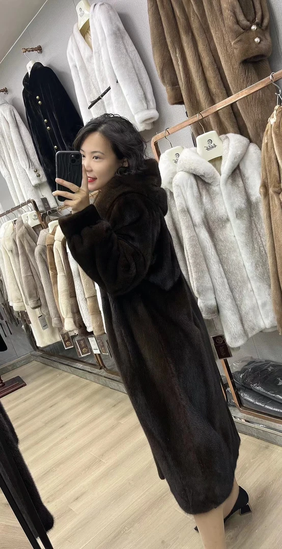 中长款连帽女大码长款长袖深棕色深咖色带帽韩版宽松气质时尚紫金