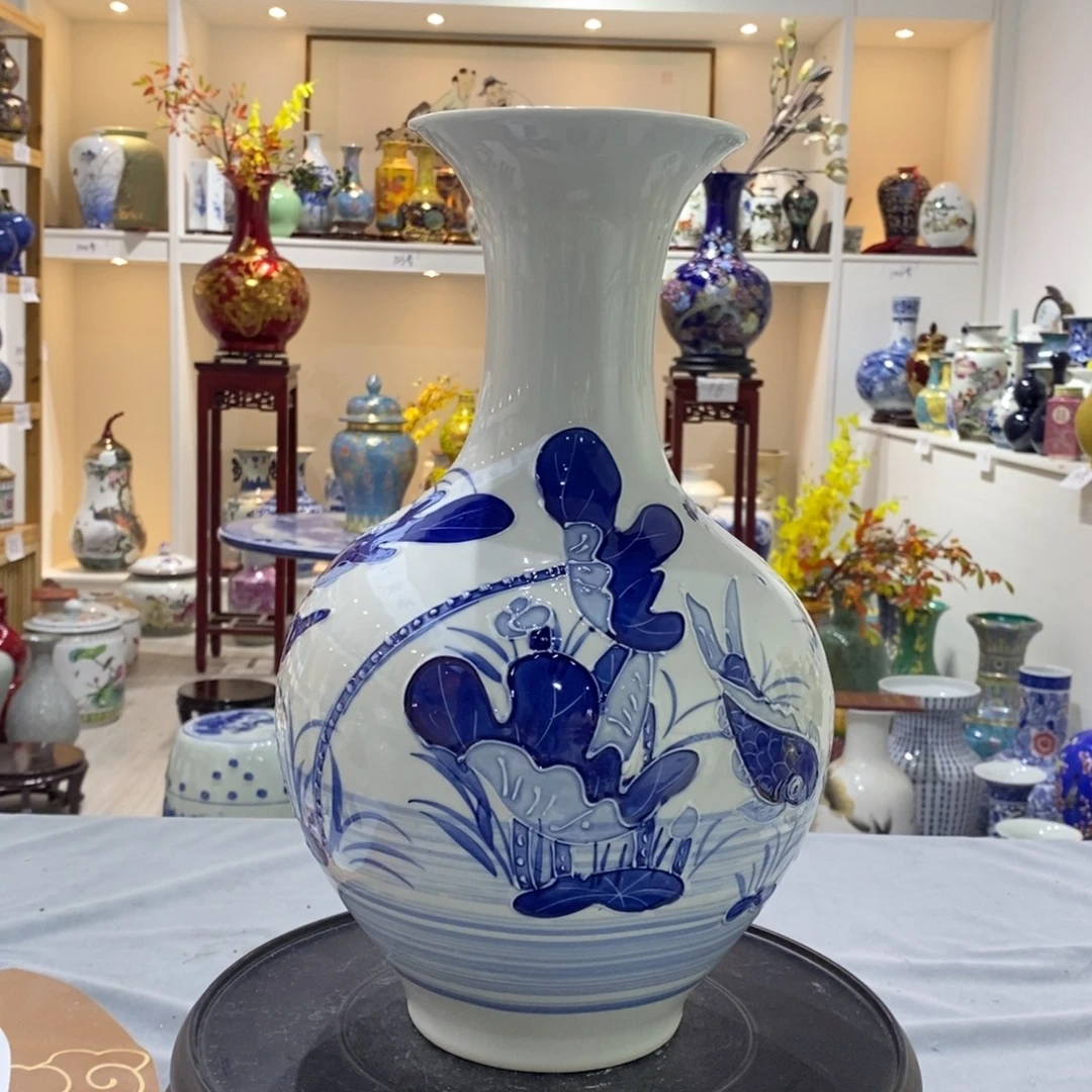 摆件陶34cm浮雕荷叶赏瓶