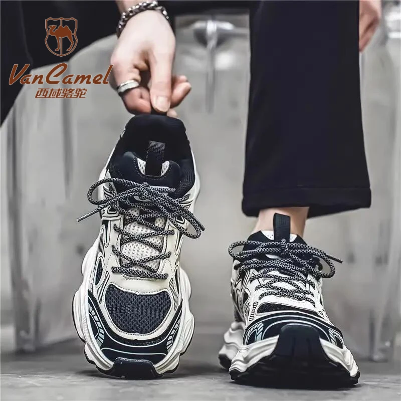 西域骆驼黑武士老爹鞋男潮牌春季透气网面运动男鞋炸街厚底增高