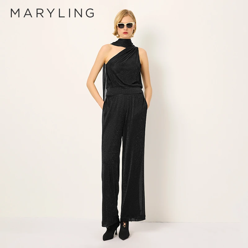 MARYLING玛俪琳2025春季新品简约黑色透气网面直筒裤A1FBW51300