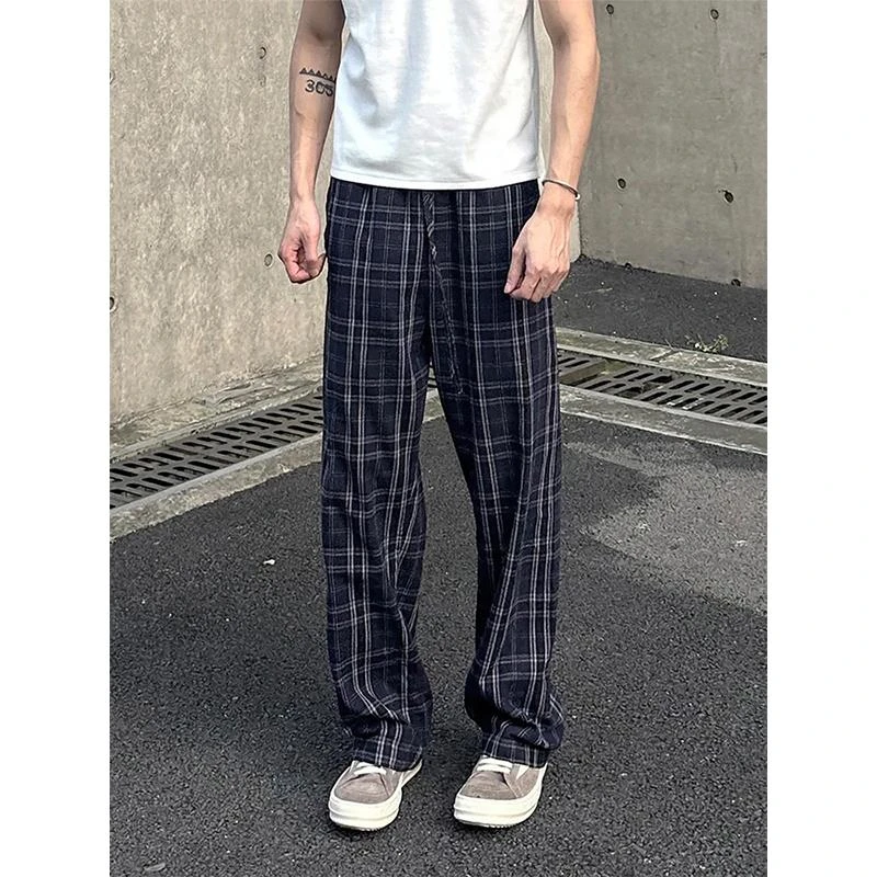 男装巴家藏蓝色格子裤子男夏薄款美式垂感微喇裤显腿长直筒丝休