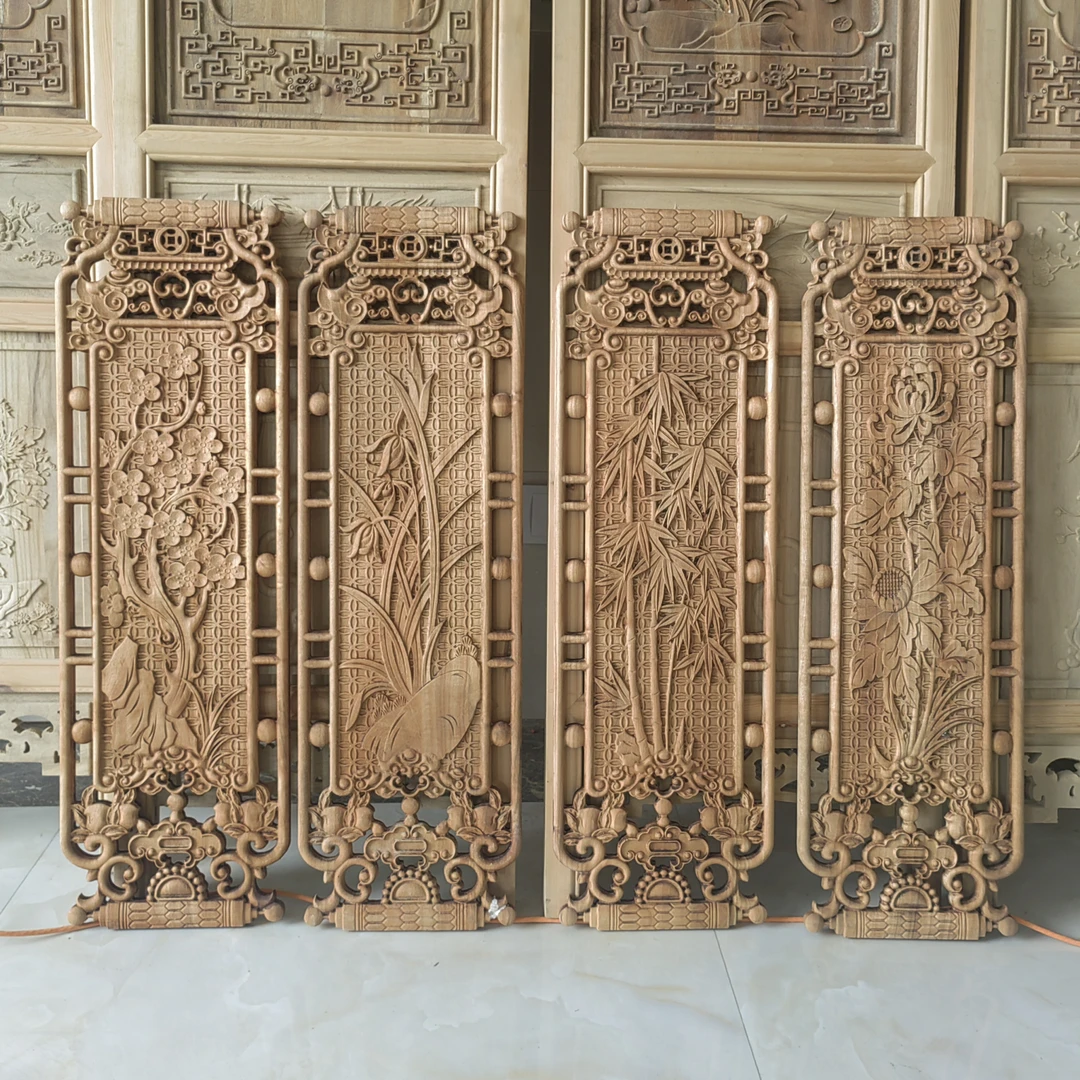 东阳木雕香樟木梅兰竹菊80*25单片尺寸梅兰竹菊四条屏实木雕刻