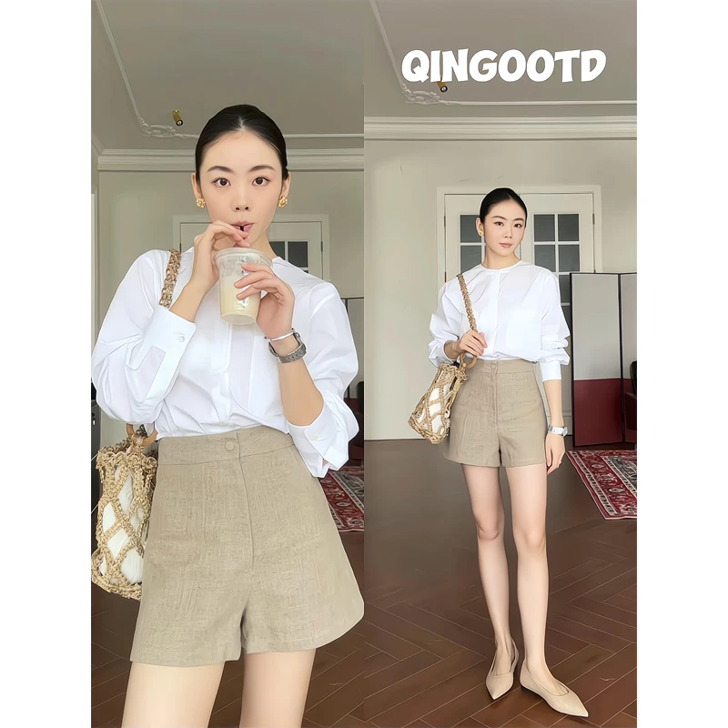 2025中式盘扣通勤极简休闲白色衬衫百搭简约高腰显腿长法式短裤女