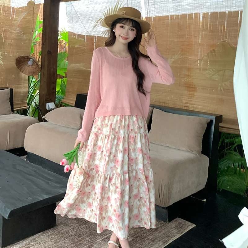 【上衣+裙子】法式温柔风薄款罩衫搭碎花半身裙女夏季新款防晒套装