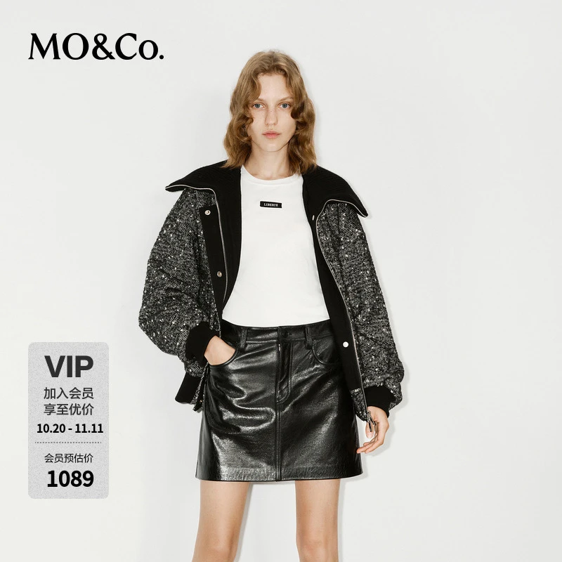 MOCO外套冬含绵羊毛翻领黑白粗花呢飞行夹克MBD4COTT01