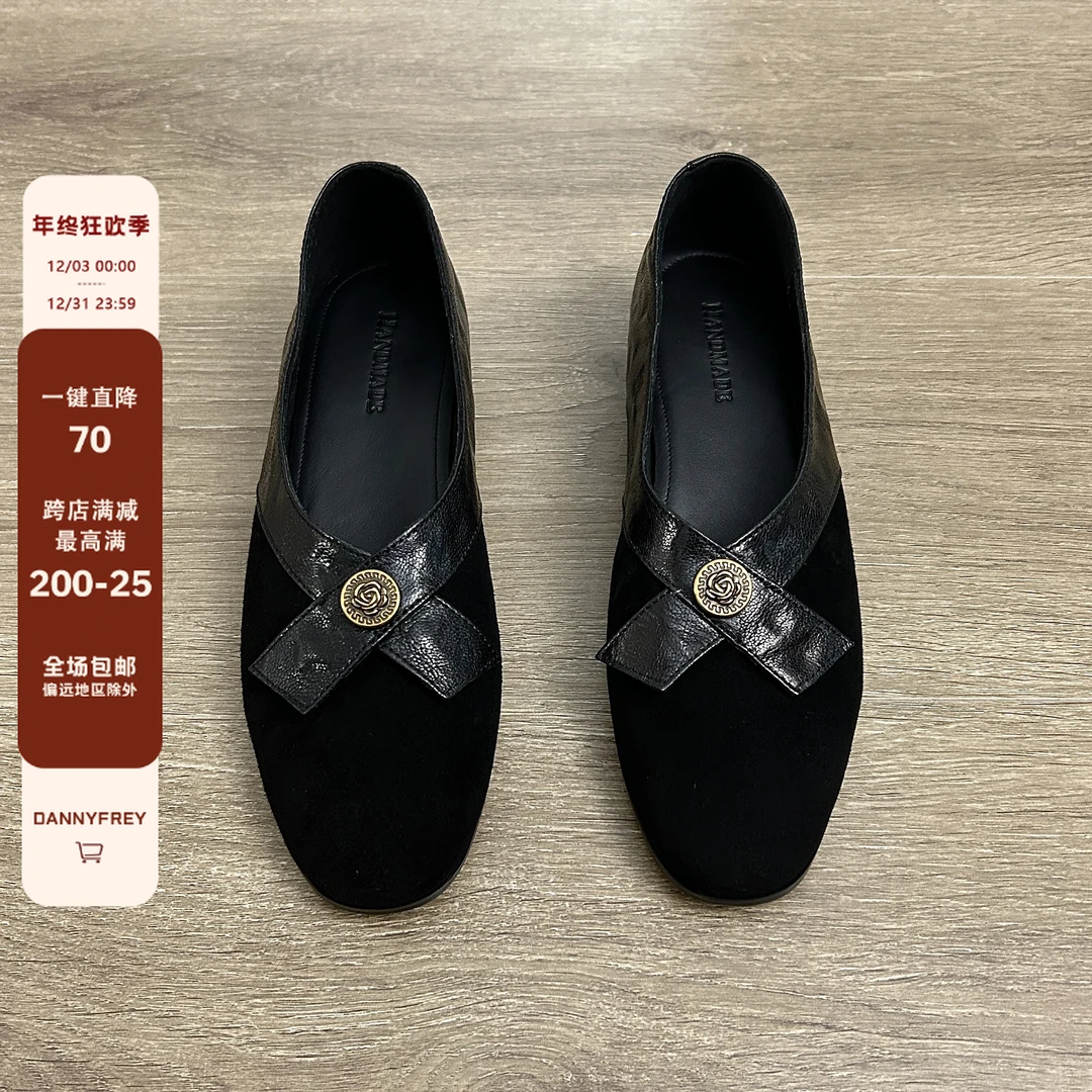 Dannyfrey 韩版黑色蝴蝶结装饰低跟单鞋绒面拼接圆头浅口鞋