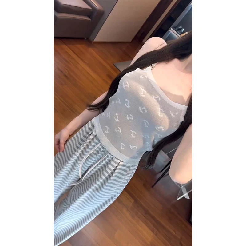 2025夏季新款ins复古小香风针织吊带背心上衣女配抽绳条纹阔腿裤