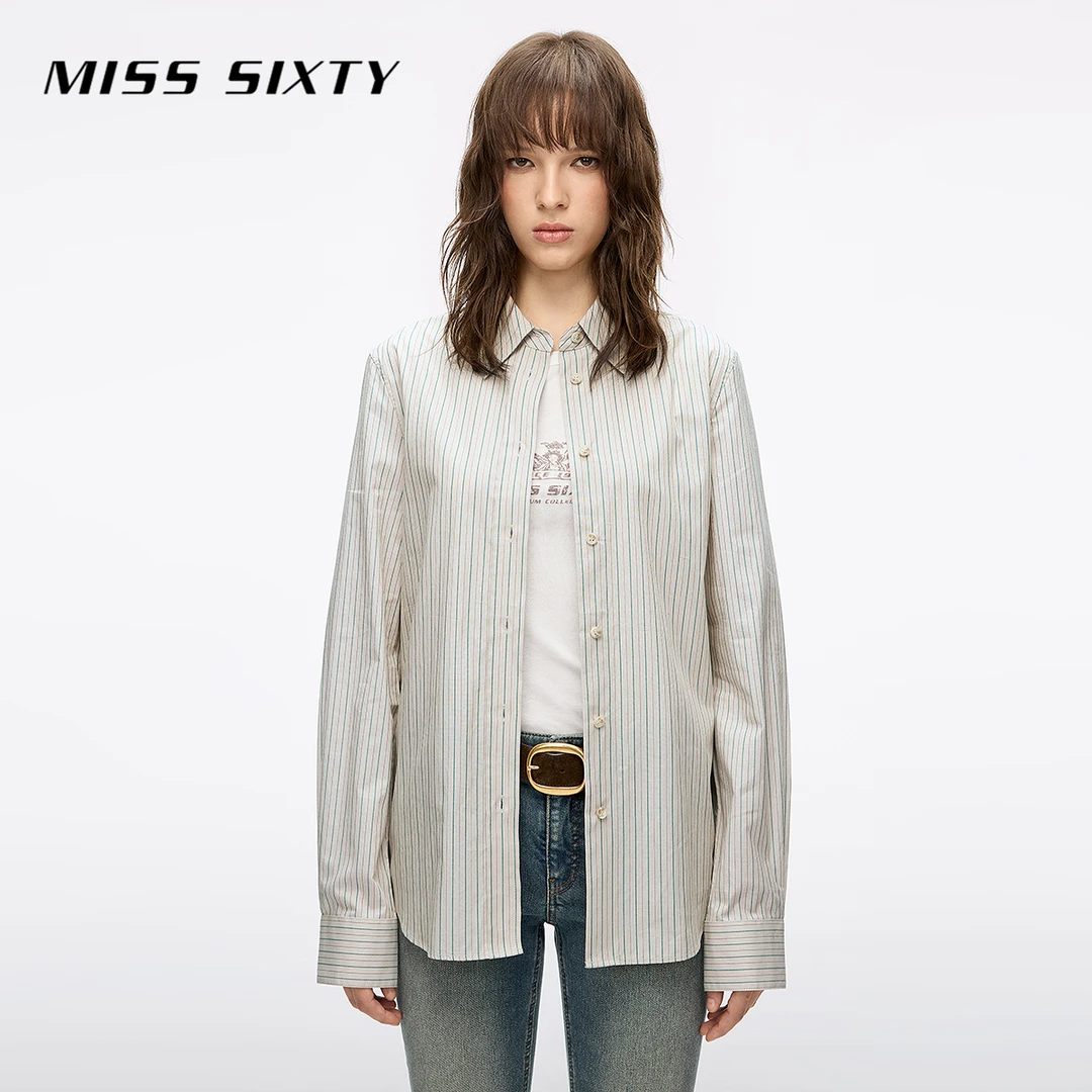 Miss Sixty2025秋季新款衬衫女条纹翻领长袖上衣中长款休闲薄款