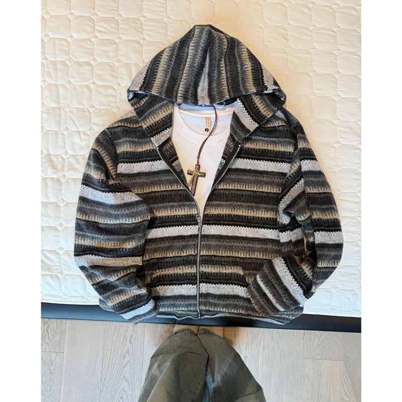日系慵懒条纹秋季新款卫衣男美式复古毛呢宽松系休闲帽衫外套