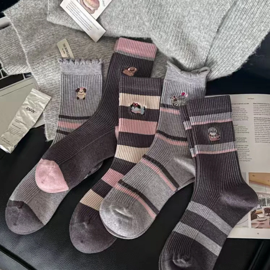 【A304】粉色小狗暖绒微压中筒袜女士高端保暖舒适