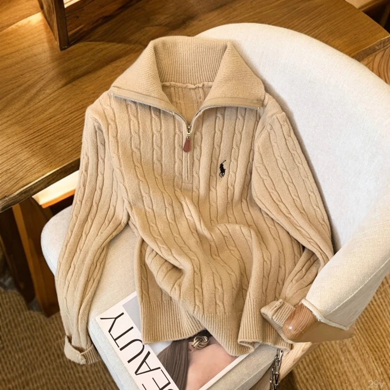 韩版小马刺绣半拉链翻领针织衫慵懒风2025秋冬新款宽松超好看上衣