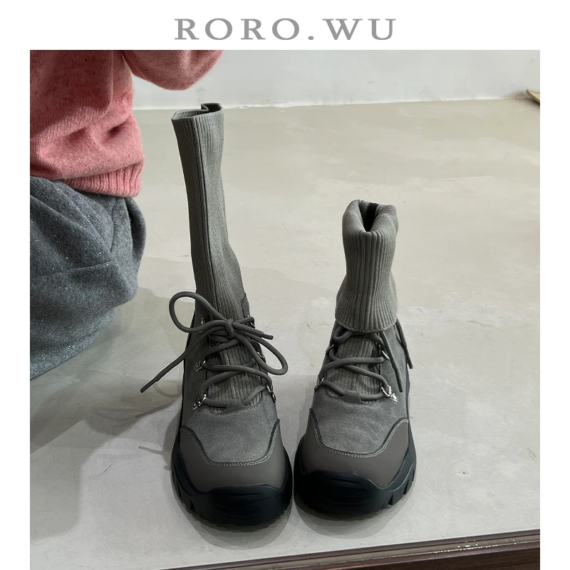 娆娆吴·真皮运动休闲风系带针织瘦瘦靴冬季新款厚底弹力靴女Z102