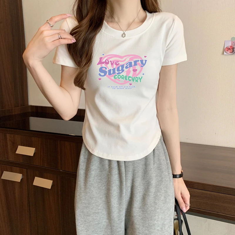 正肩短袖恤女纯棉设计感小众夏季新款印花修身显瘦白色上衣体恤