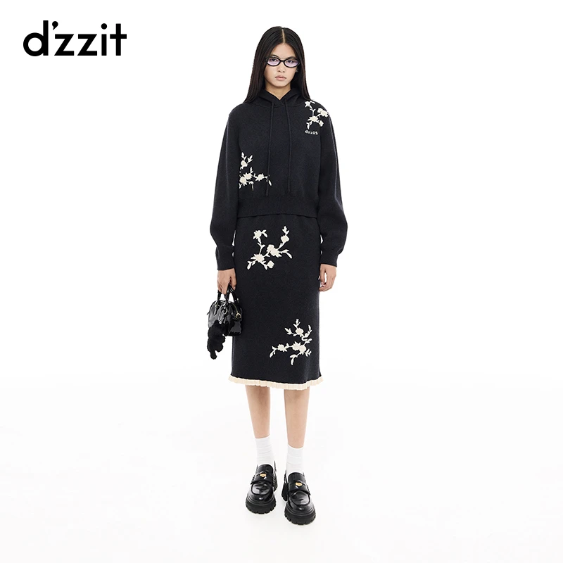 dzzit地素针织衫25春新款中式少女风绣花连帽长袖上衣女3J1E428