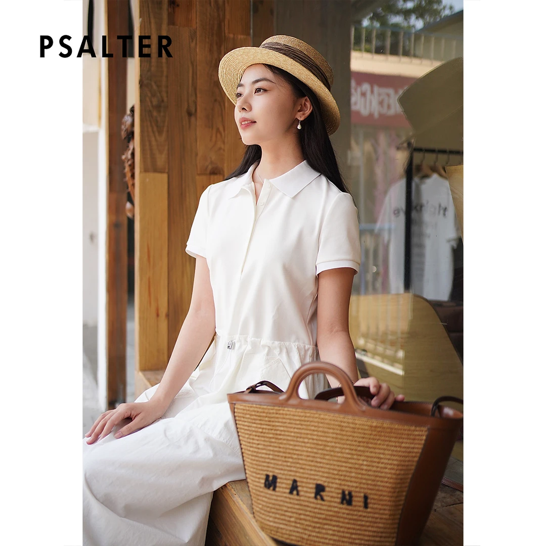 PSALTER诗篇减龄翻领短袖拼接抽绳收腰修身连衣裙2025夏季新款