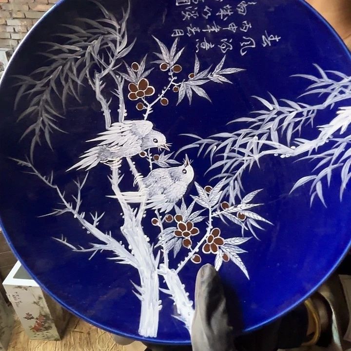 摆件景德镇高温陶瓷花鸟盘子看画片