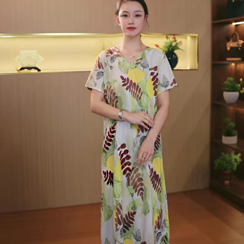 10314-中年女装洋气夏装大码宽松遮肚显瘦裙子妈妈装连衣裙【依】