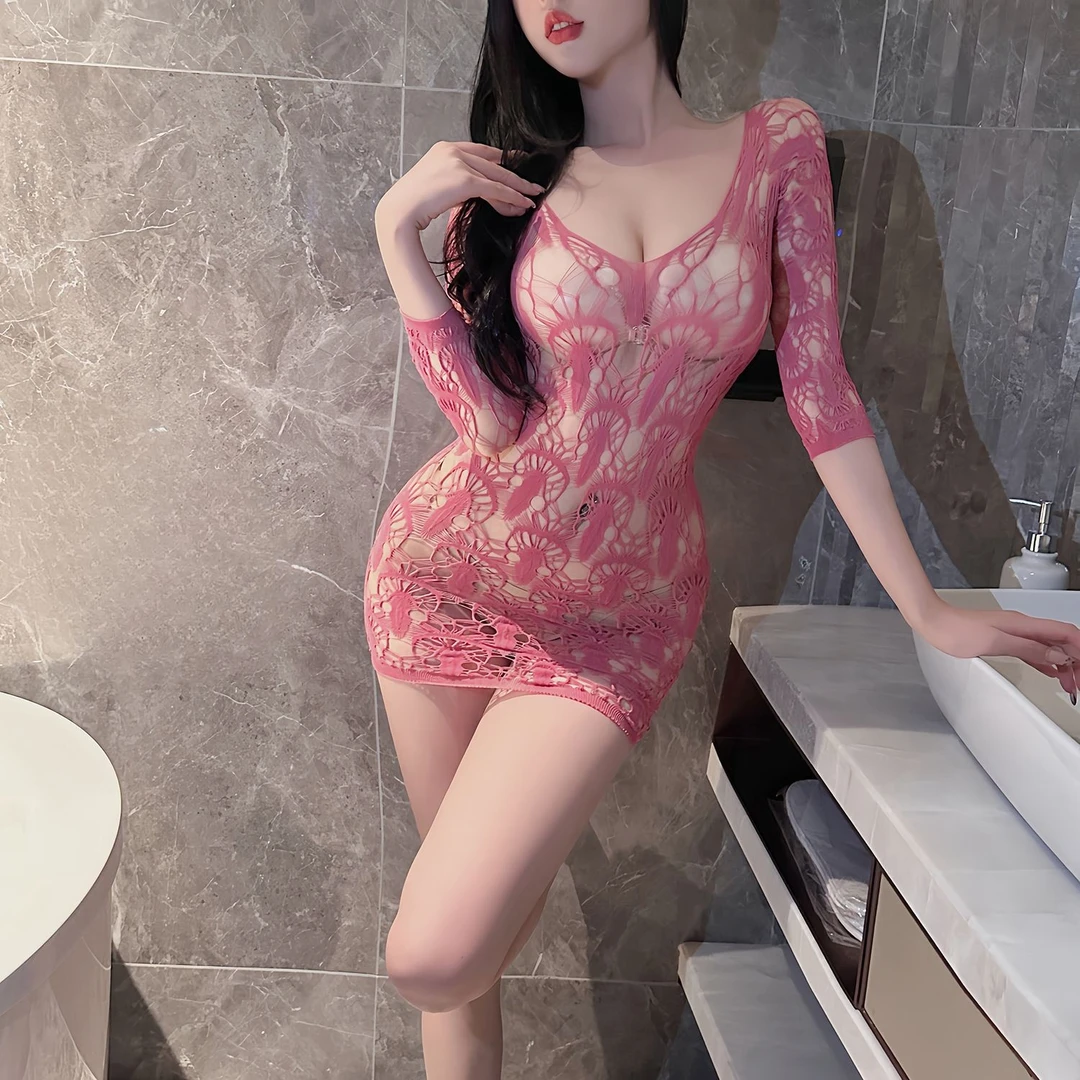 【手撕战衣】粉色性感网眼包臀数以镂空网衣显瘦蕾丝气质睡裙家居服